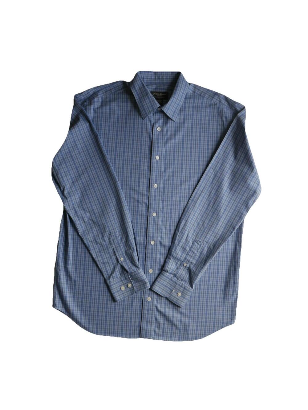 Eddie Bauer Mens LT Slim Fit Blue Madras Plaid Long Sleeves Wrinkle-Free Shirt